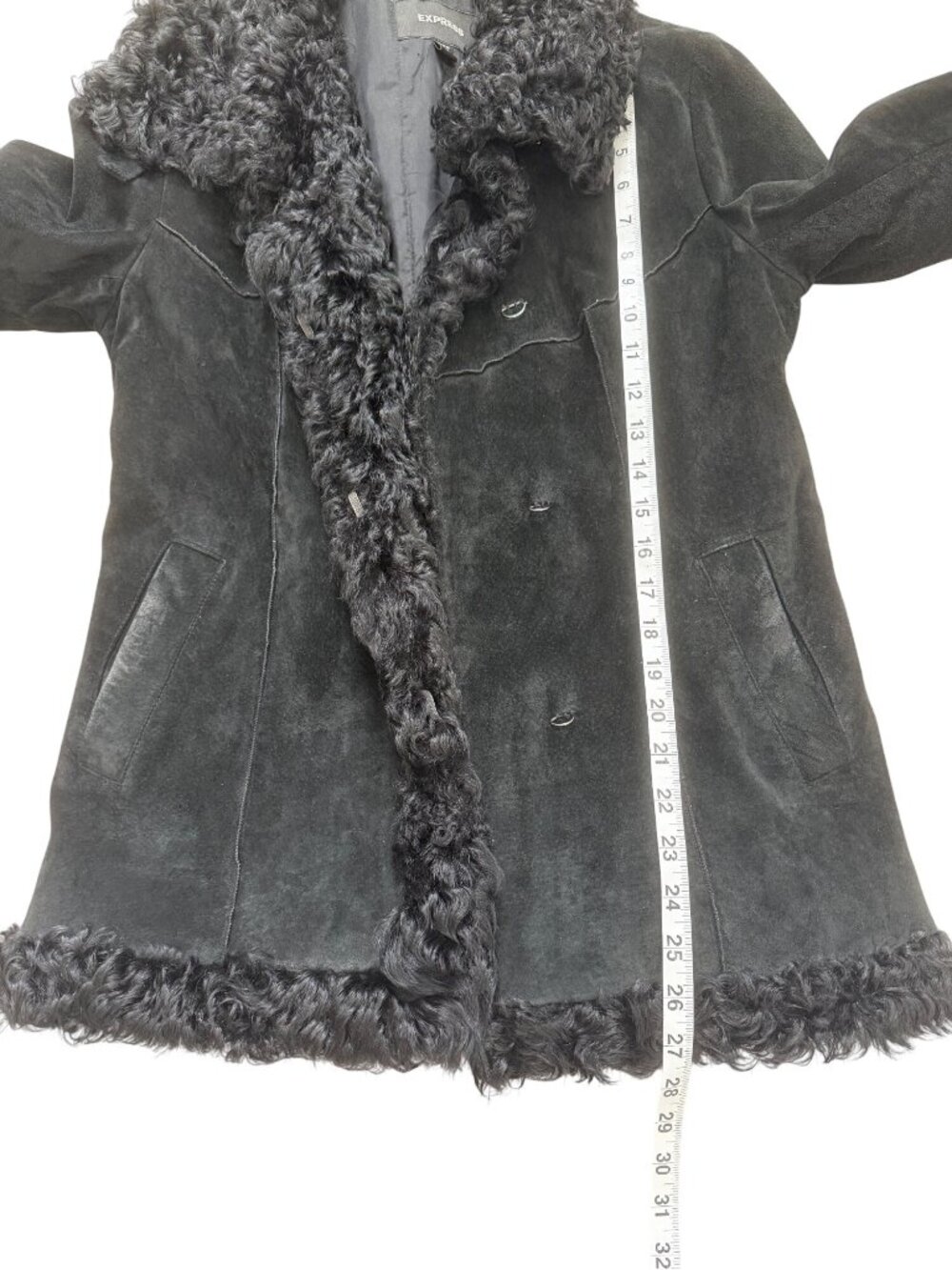 Express Womens Size M Suede Jacket Black Lambs Fur Trim - Picture 6 of 8